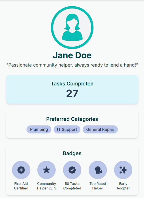 Screenshot of a user profile screen showing tasks completed, preferred categories, and badges.