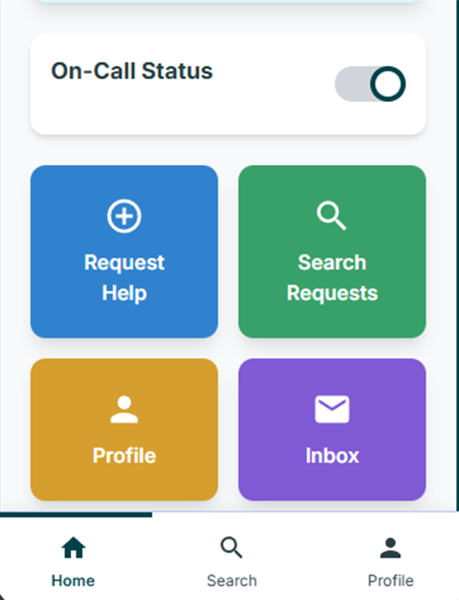 Screenshot of the main dashboard showing the On-Call toggle switch and main navigation buttons.
